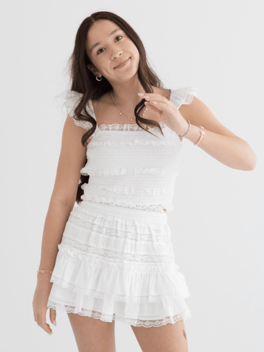 Peach Love White Ruffled Tank top Mini Skirt - juniors